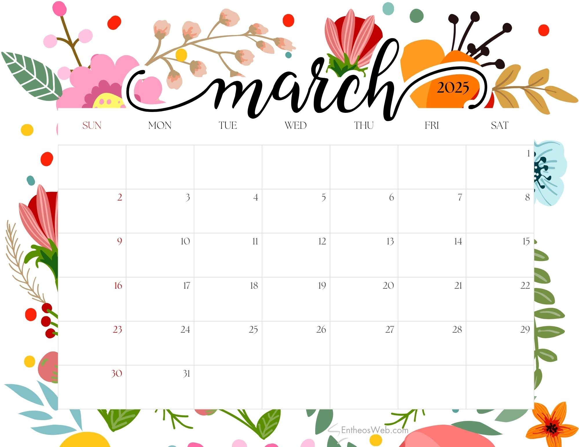 March 2025 Calendar Free Pdf Printables | Entheosweb pertaining to FREE Printable Calendar March 2025