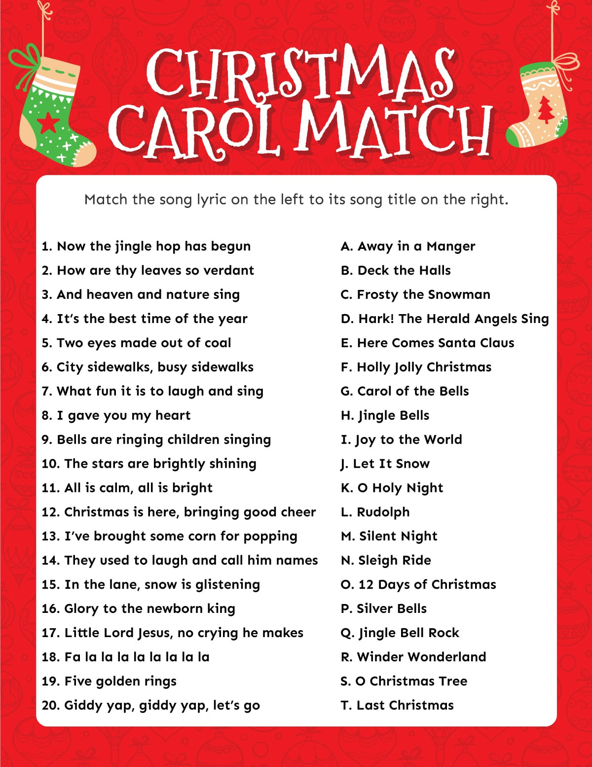 Match The Christmas Carol Game (Free Printable!) - Play Party Plan with Free Printable Christmas Song Scramble With Answers