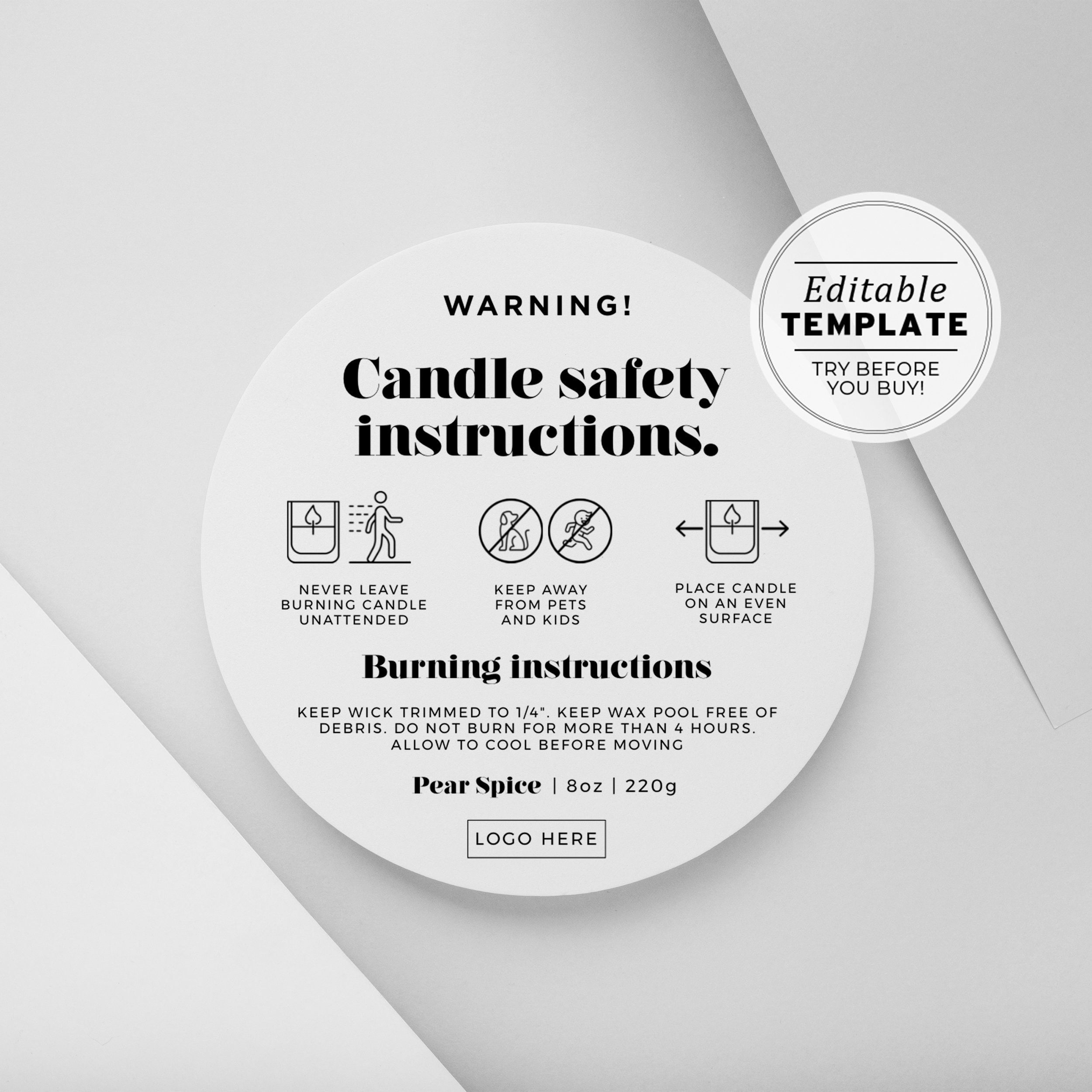 Minimalist Candle Warning Label Template, Printable Candle Safety regarding Free Printable Candle Warning Labels