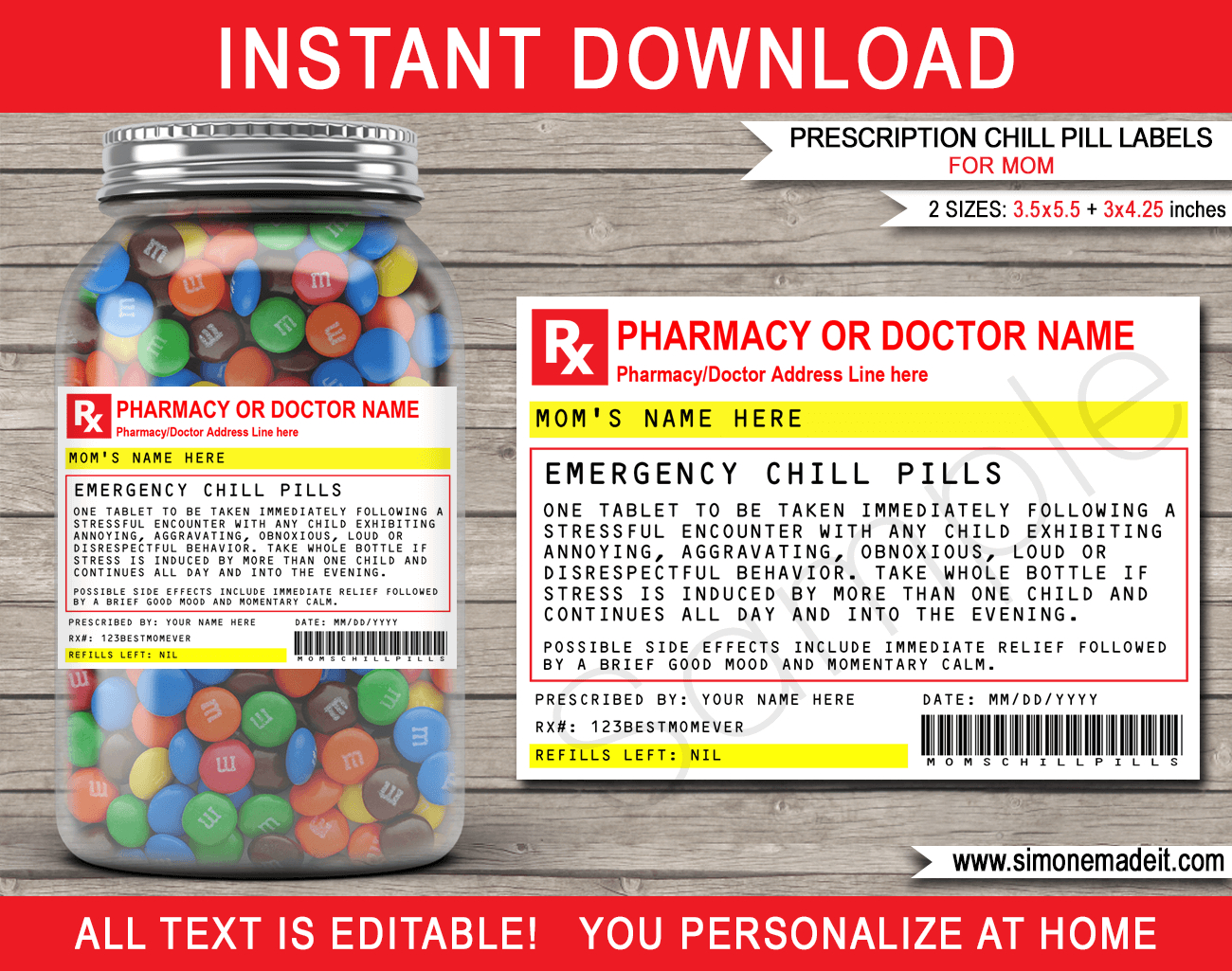 Mom Prescription Chill Pills Labels - For Jars with Free Printable Candy Prescription Labels