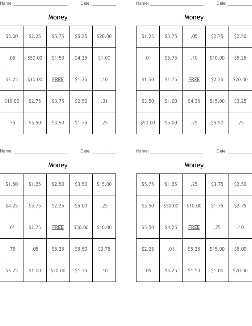Money Bingo Cards - Wordmint pertaining to Free Printable Coin Bingo Printable