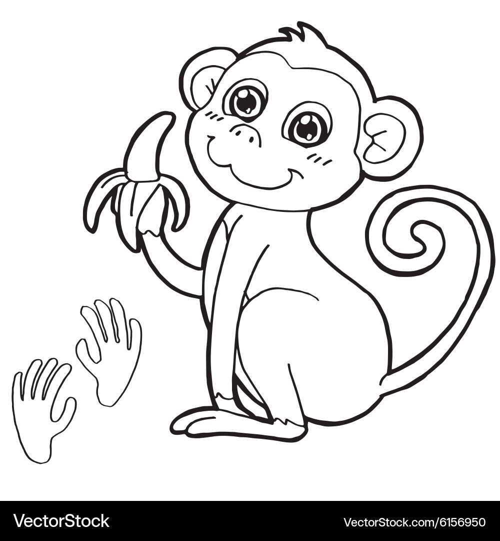 Monkey With Paw Print Coloring Page Royalty Free Vector with FREE Printable Cartoon Monkey Pictures