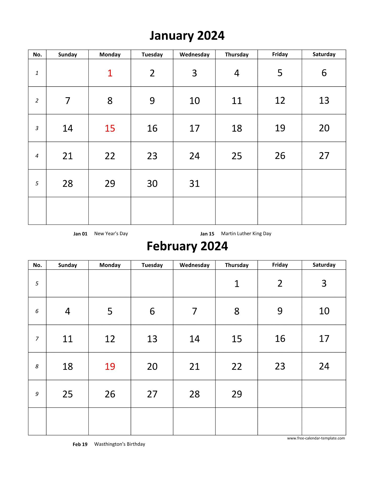 Monthly Calendar 2024, 2 Months Per Page (Vertical) | Free for Free Printable Calendar Two Months Per Page