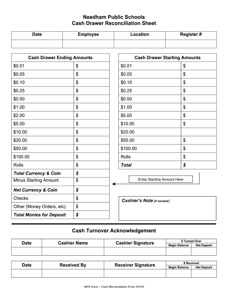 Nps Cash Drawer Reconciliation Sheet Form - Fill Online, Printable with Free Printable Cash Register Balance Sheet