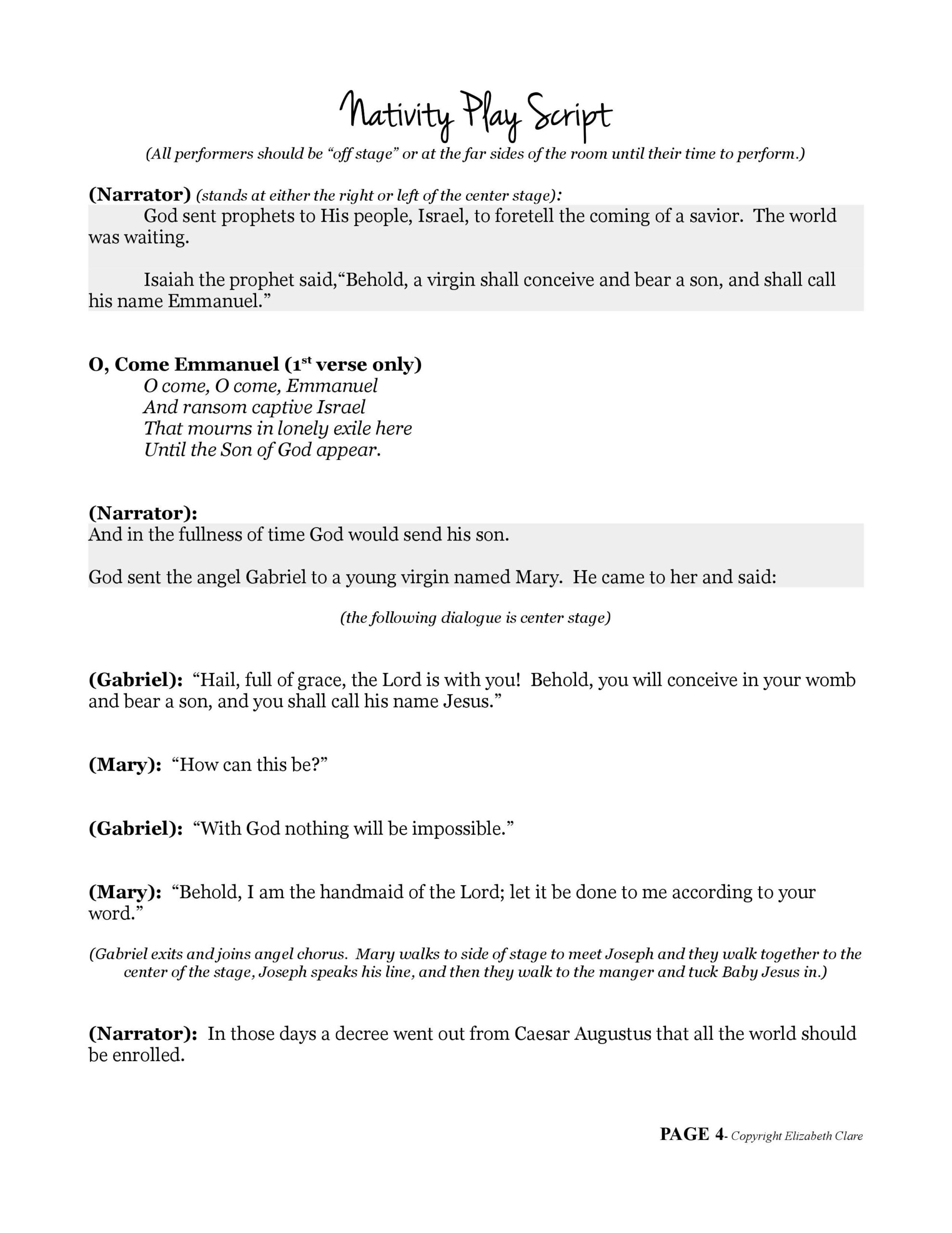 O Come Emmanuel&amp;quot;: A Nativity Play Script Pdf - Elizabeth Clare throughout Free Printable Christmas Play Scripts For Adults