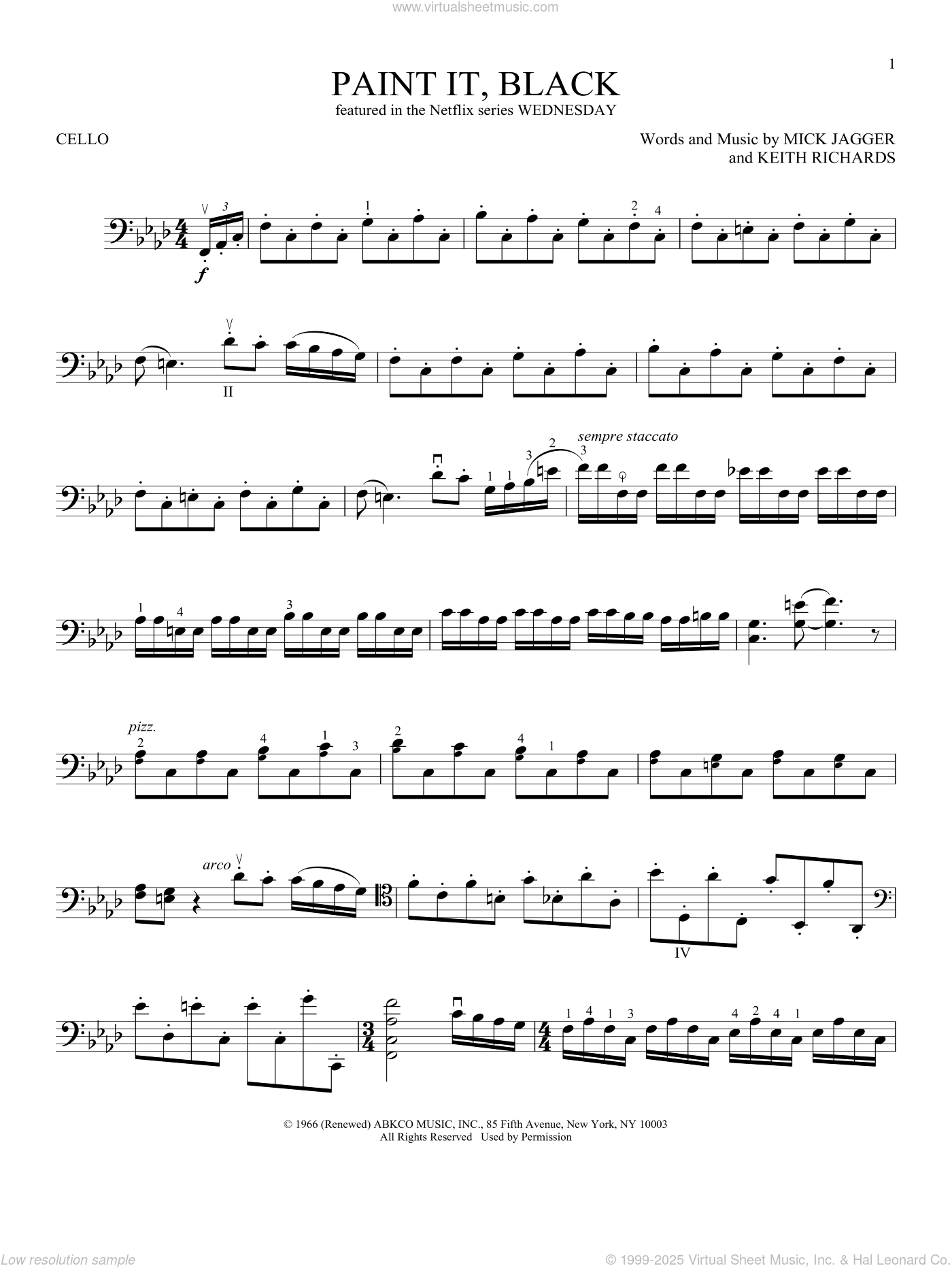 Paint It, Black (From Wednesday) Sheet Music For Cello Solo (Pdf) with regard to Free Printable Cello Sheet Music