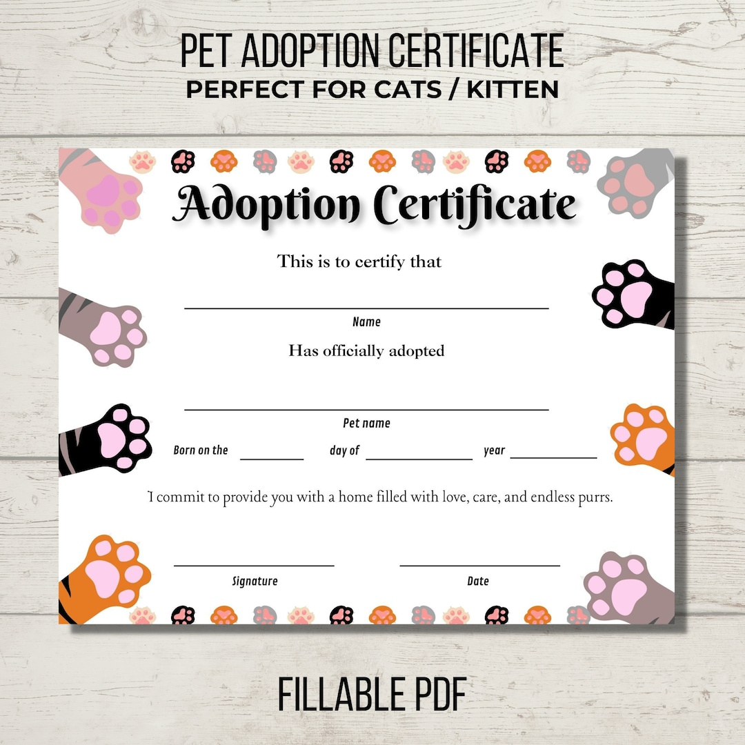Pet Adoption Certificate, Cat Adoption Party, Kitten Adoption for Free Printable Cat Adoption Certificate