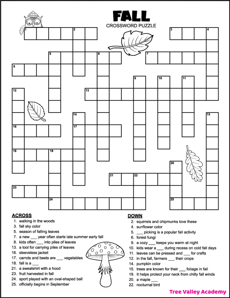 Printable 4Th Grade Fall Crossword Puzzle - Tree Valley Academy within Free Printable Crossword Puzzles And Solutions