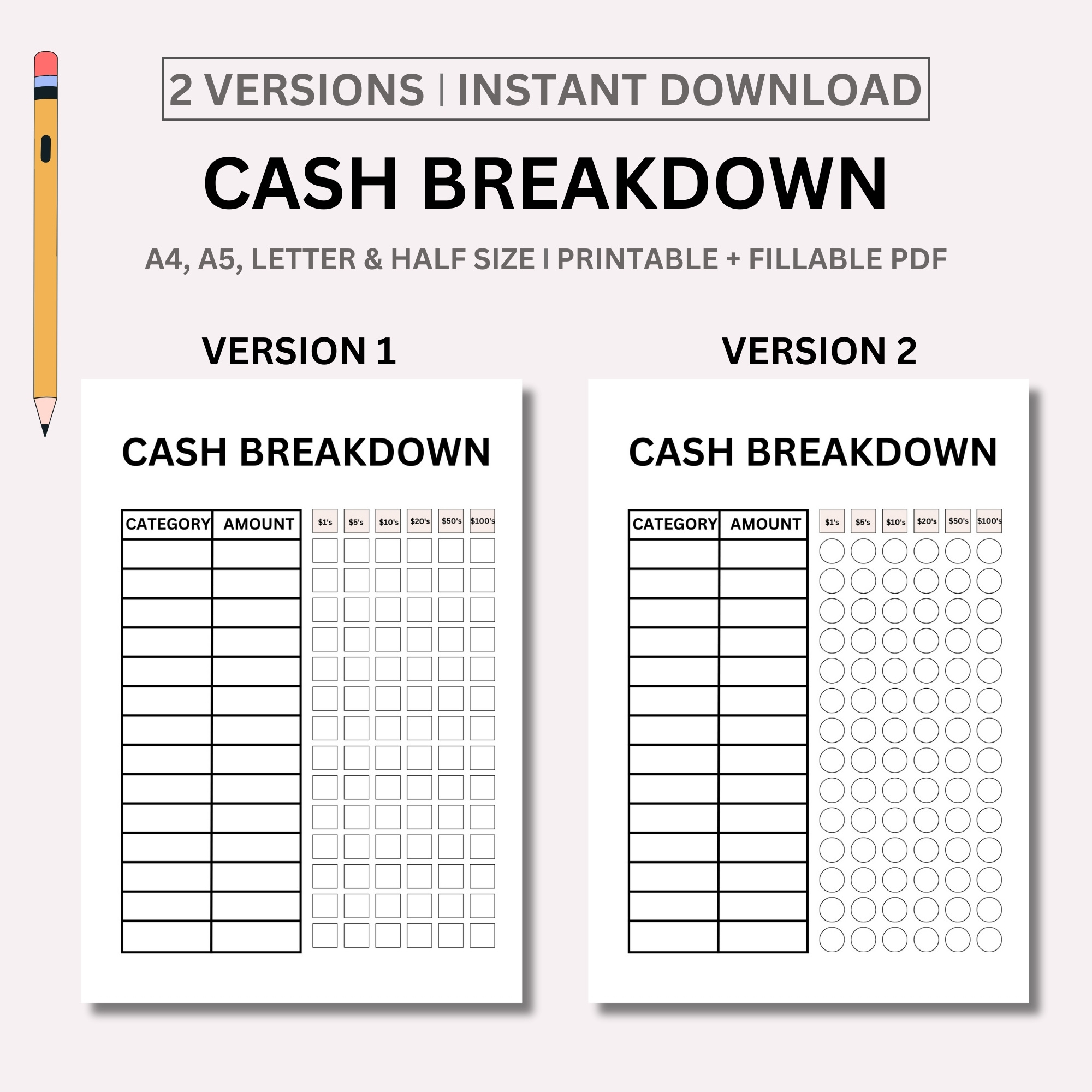 Printable Cash Breakdown Sheet Pdf, Money Breakdown Formdenomination, Bank Teller Sheet For Cash Envelopes/Stuffing for FREE Printable Cash Breakdown Sheet