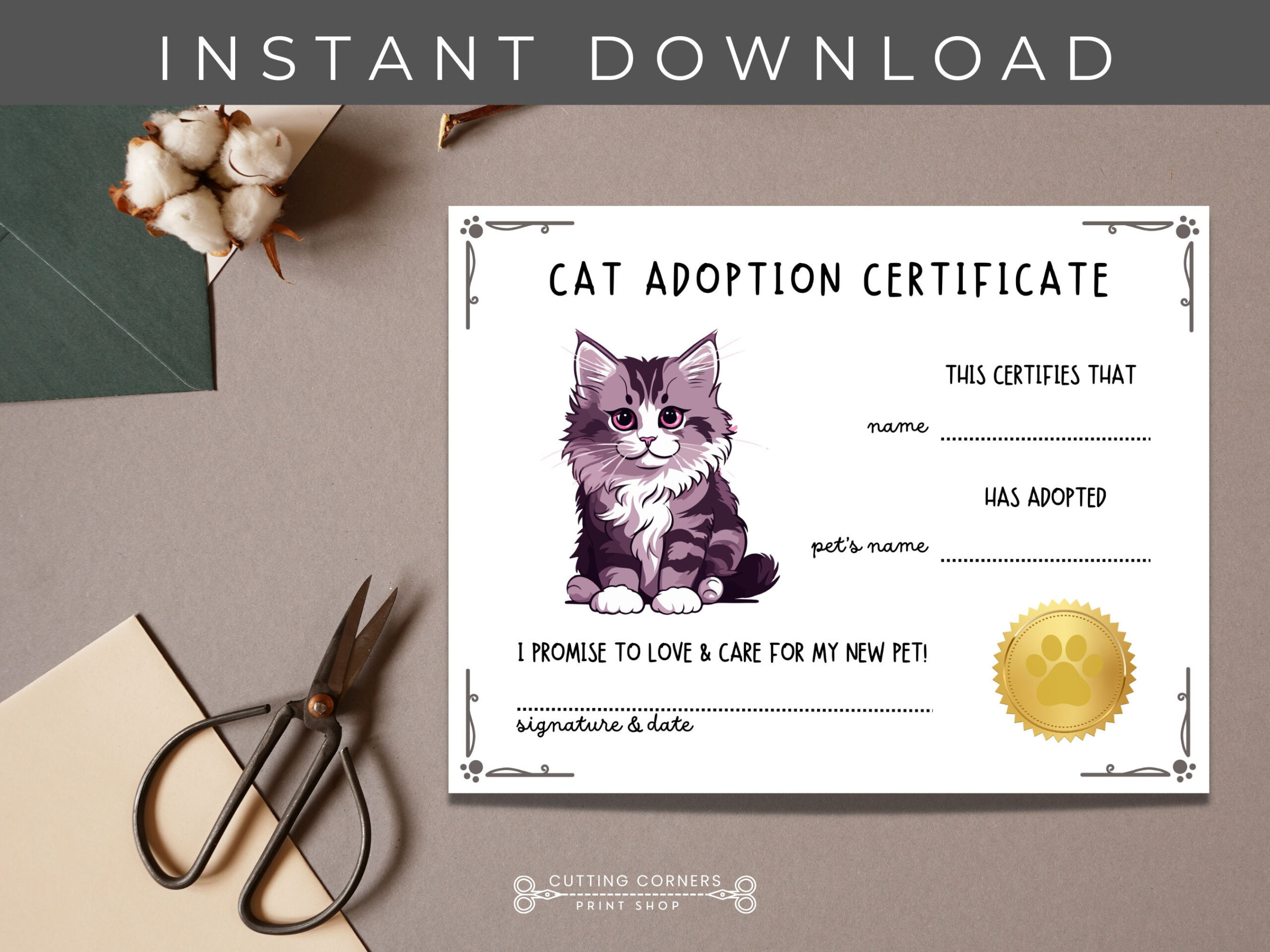 Printable Cat Adoption Certificate, New Kitten Keepsake, Cat Or throughout Free Printable Cat Adoption Certificate
