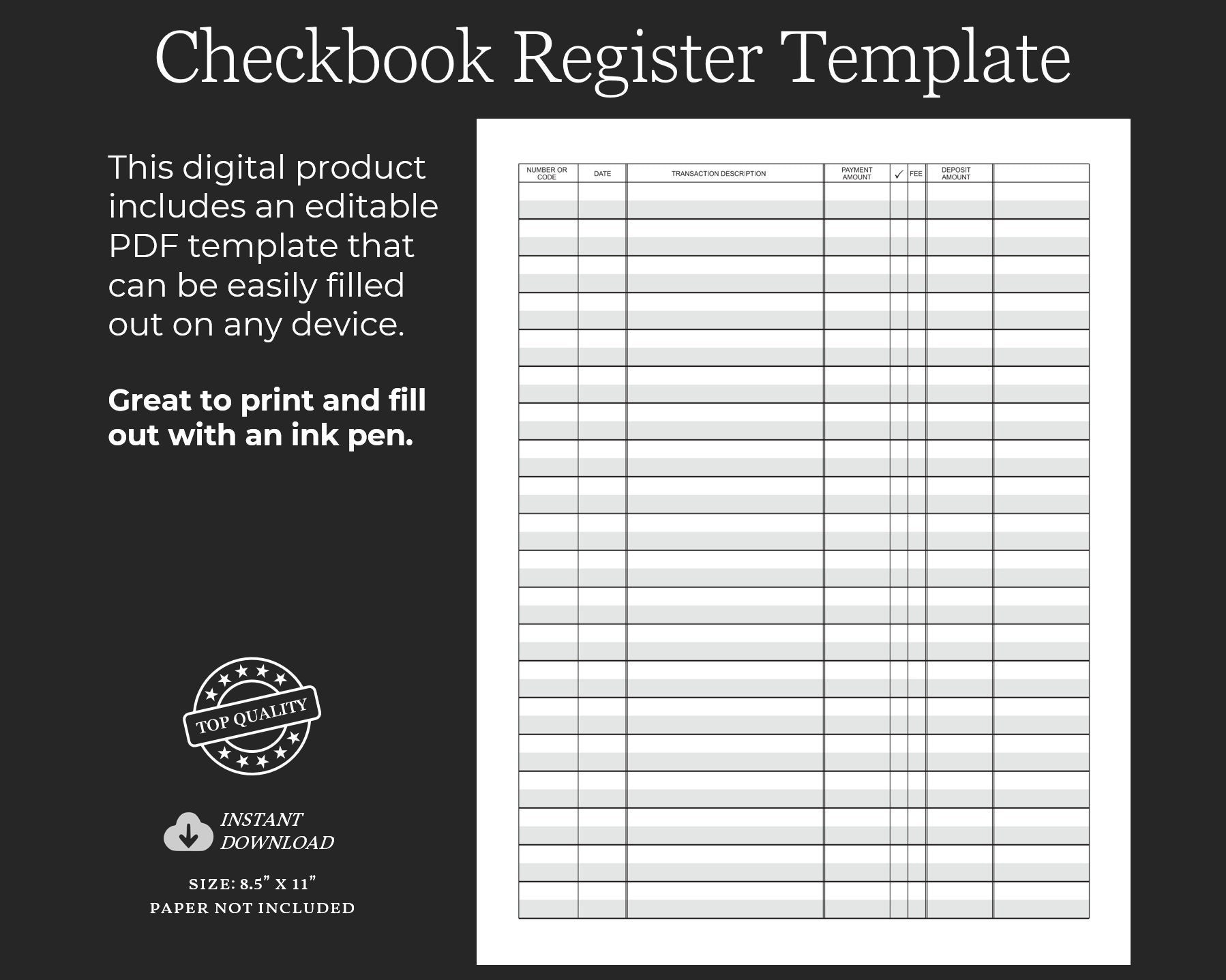Printable Checkbook Register Template, Check Register Printable within Free Printable Checkbook Size Register