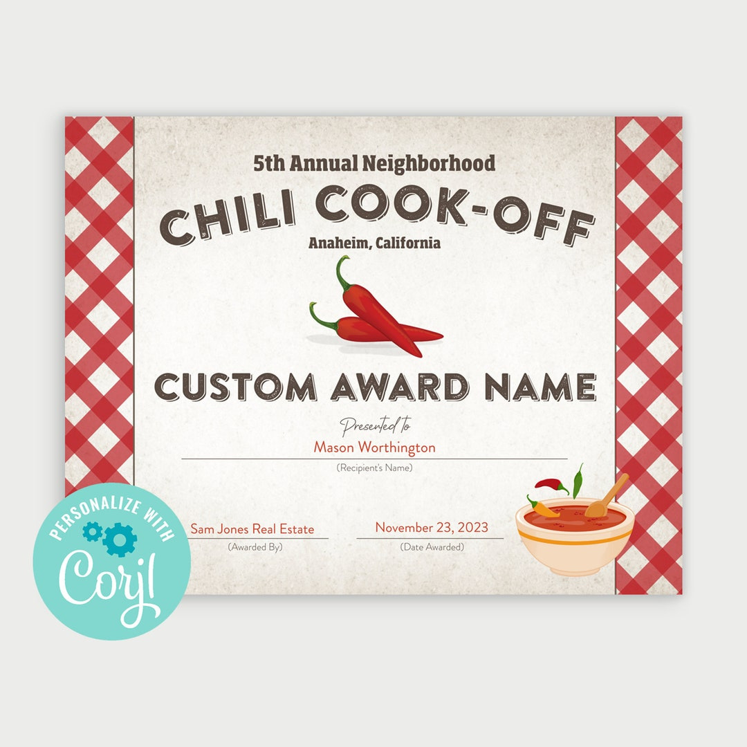 Printable Chili Cook-Off Award Winner Certificate, Create Your Own within FREE Printable Chili Cook Off Certificate
