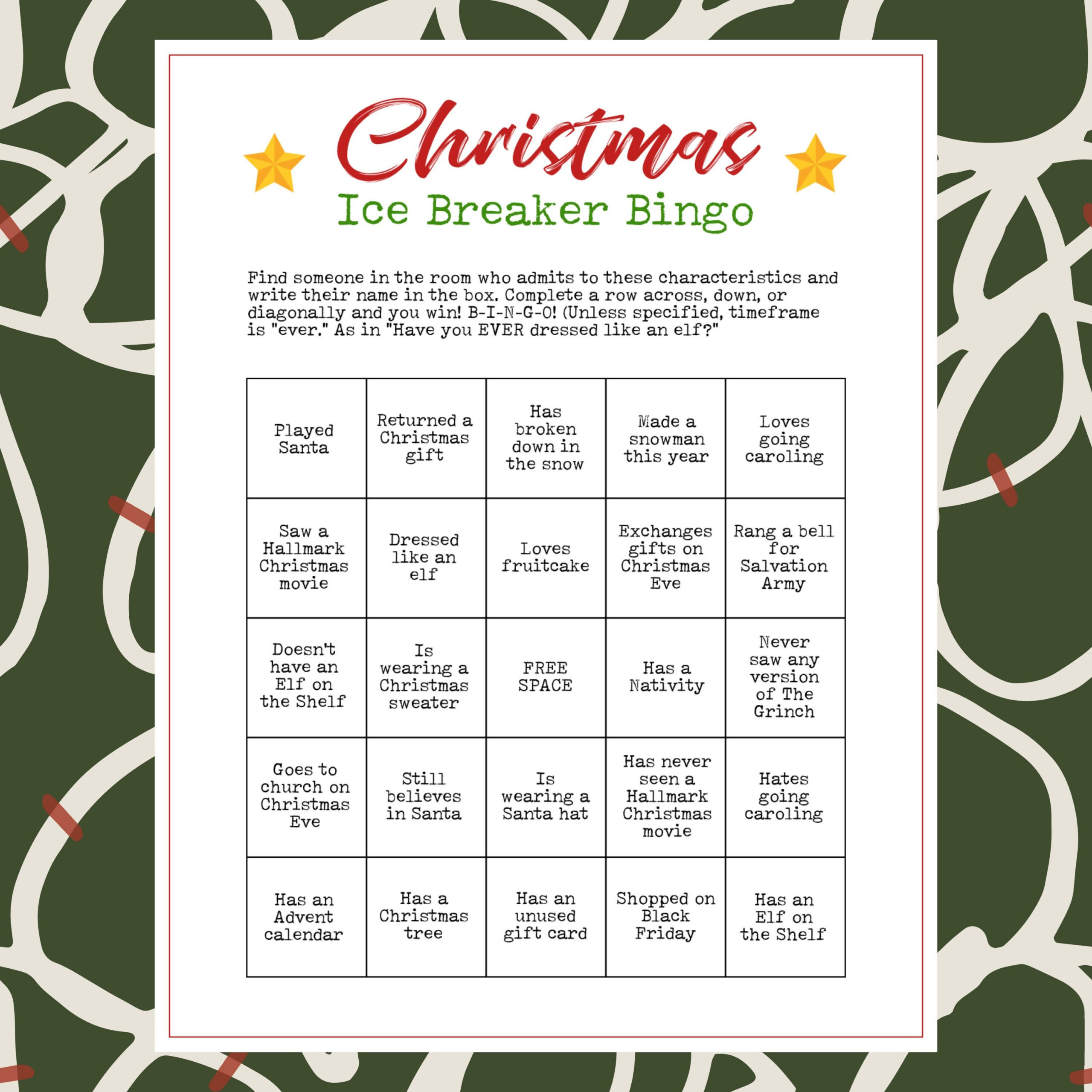 Printable Christmas Party Ice Breaker Game Human Bingo Cards Get pertaining to FREE Printable Christmas Icebreaker Games