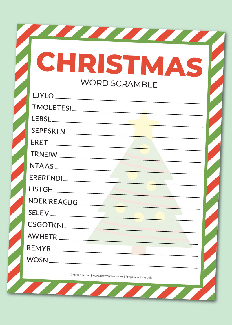Printable Christmas Word Scramble - Chevron Lemon regarding FREE Printable Christmas Unscramble Words