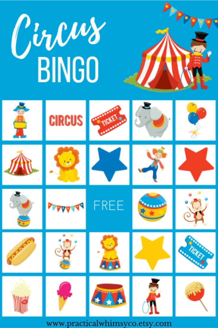Printable Circus Bingo Game, Clown Instant Download, Animal in Free Printable Circus Bingo Cards