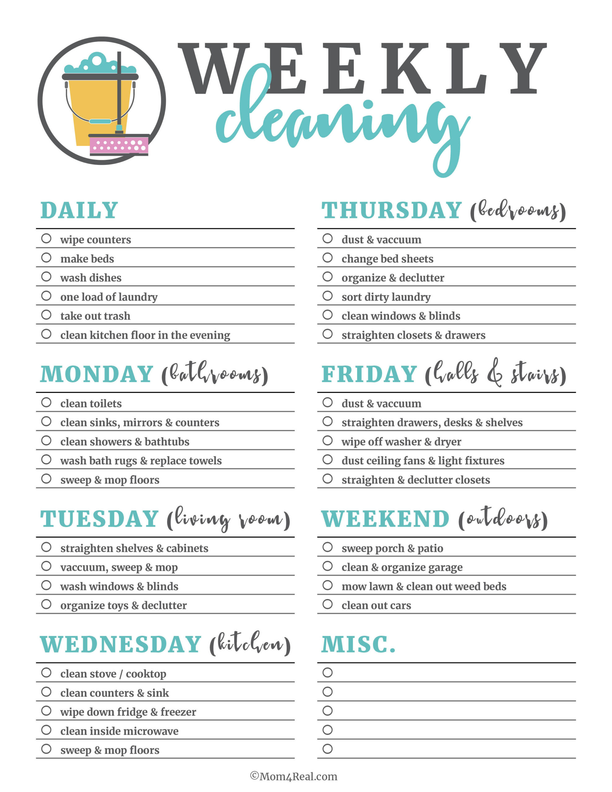 Printable Cleaning Checklists: Daily, Weekly &amp;amp; Monthly Tasks! inside Free Printable Checklist For Cleaning House
