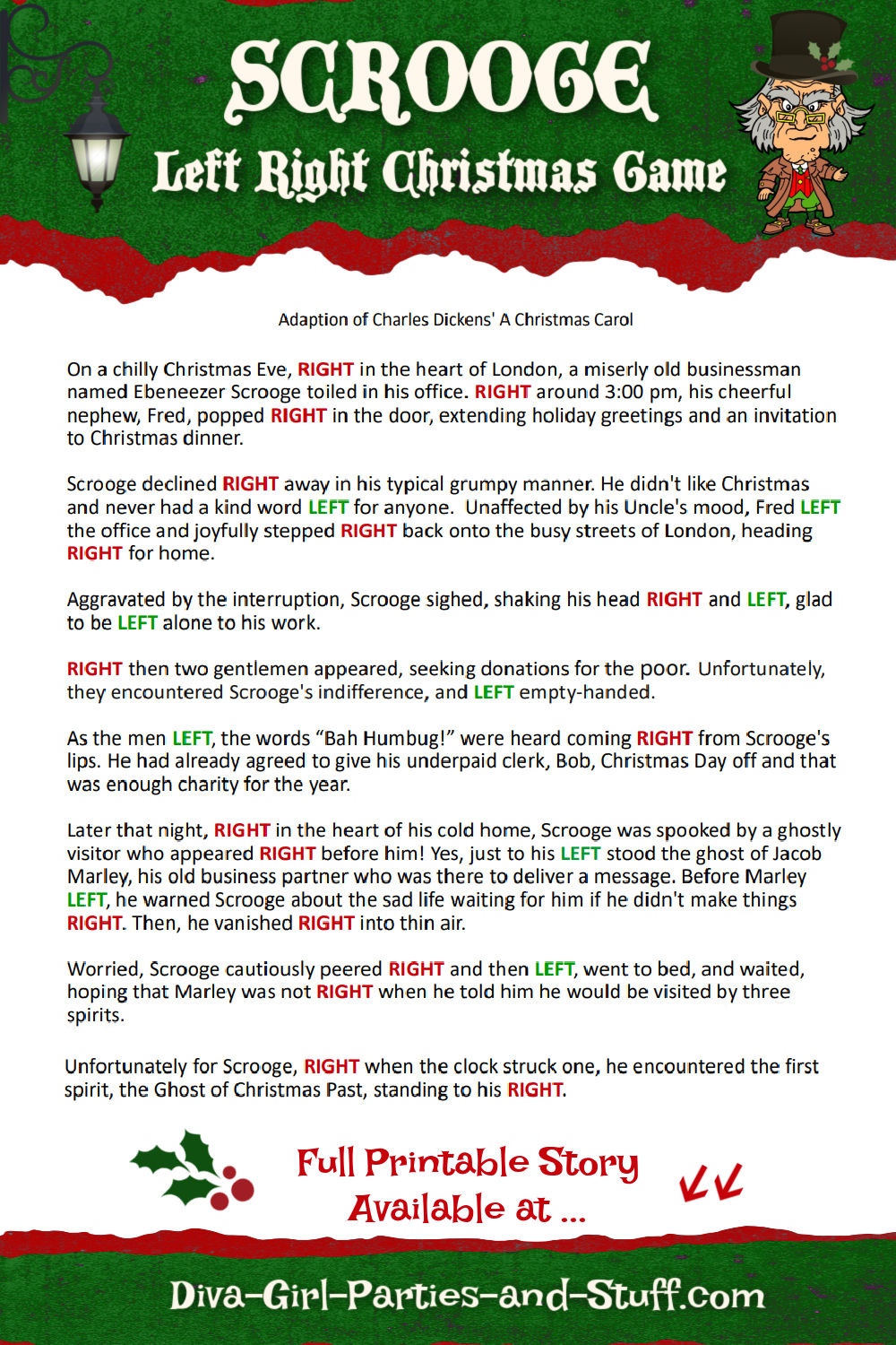 Printable Left Right Christmas Game Story Of Scrooge in Free Printable Christmas Left Right Stories