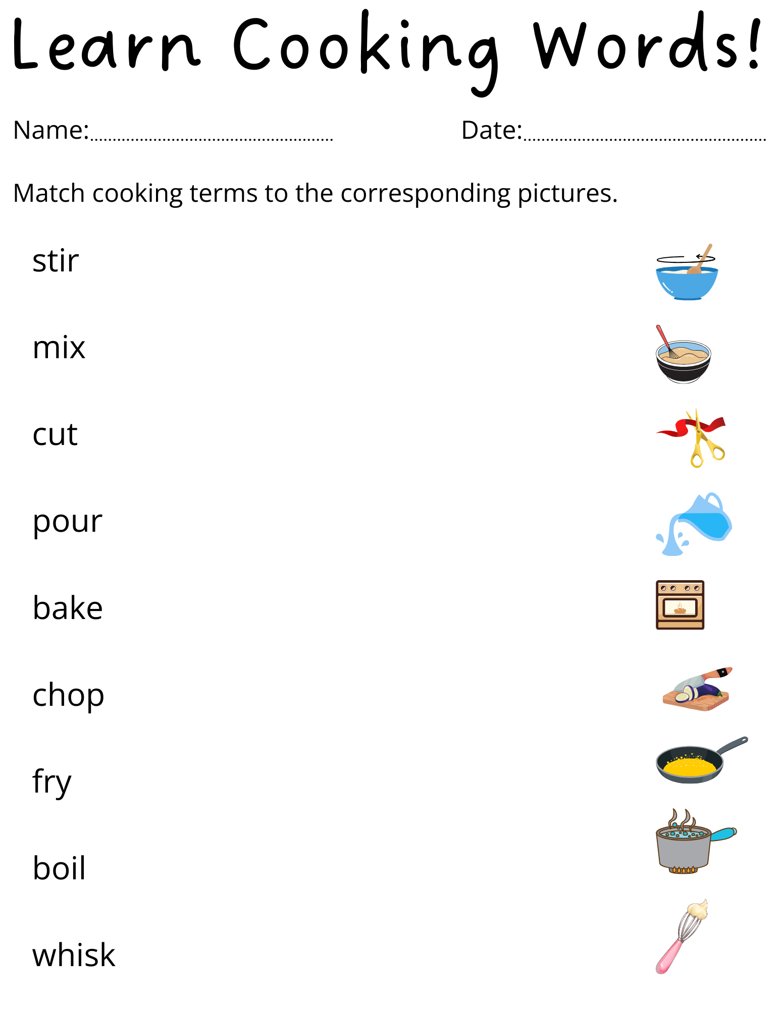 Printable Matching Cooking Terms Worksheet For Kids | Teaching throughout FREE Printable Cooking Worksheets For Special Needs