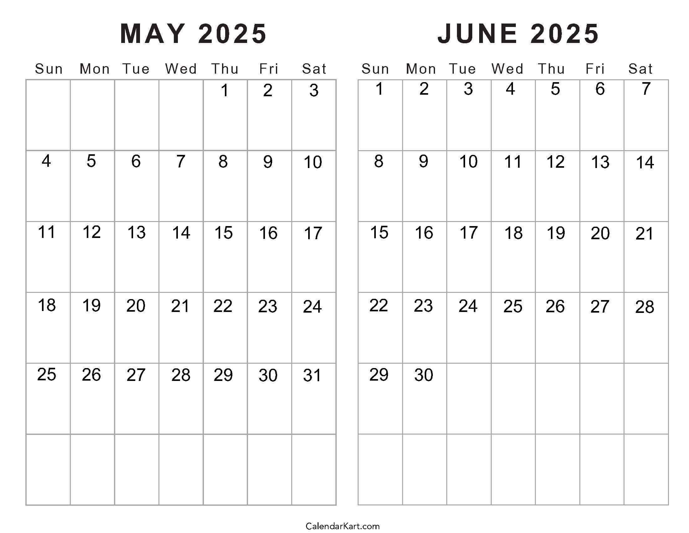 Printable May June 2025 Calendar Templates | Calendarkart in Free Printable Calendar 2025 2 Months Per Page