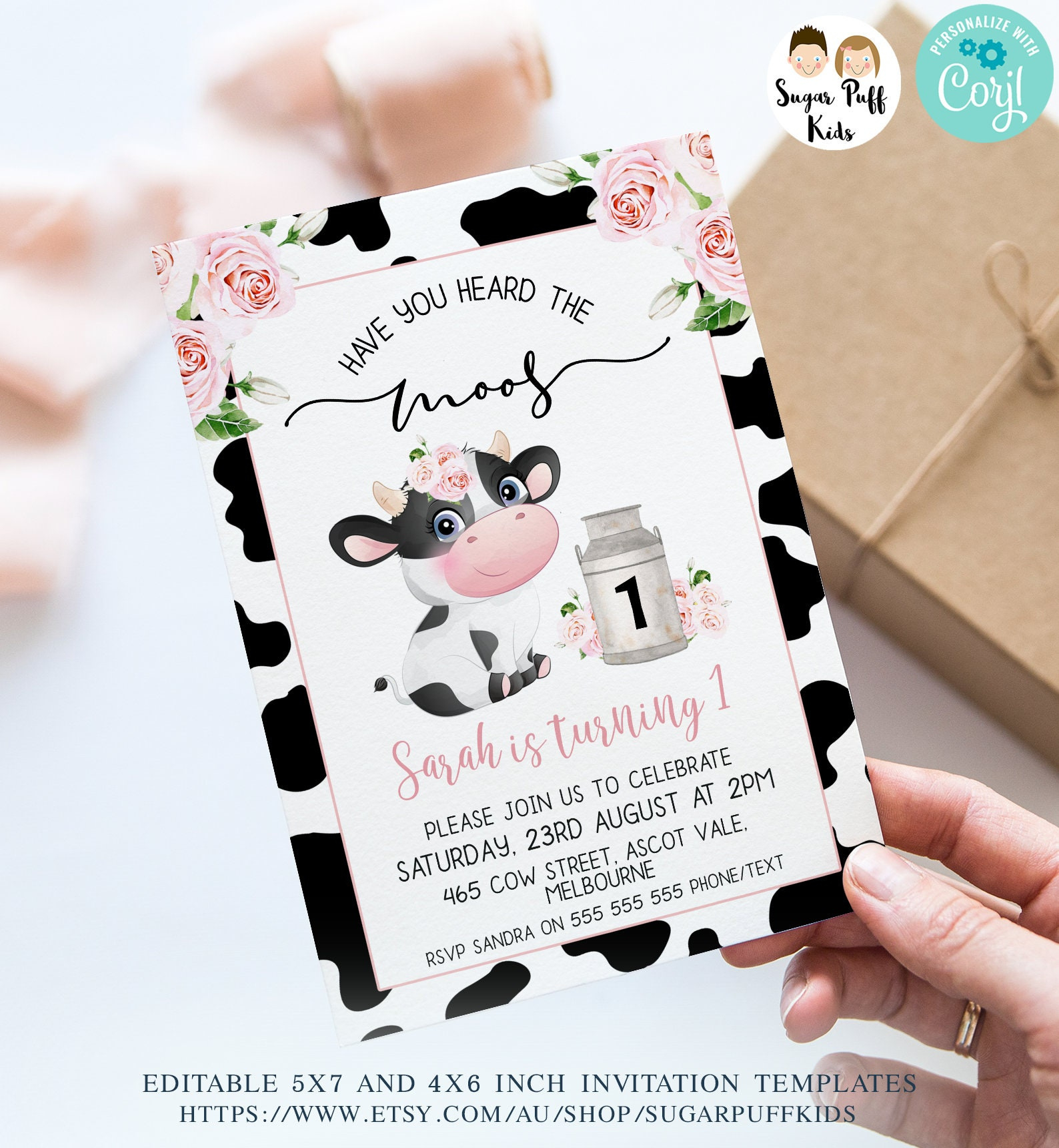 Printable Pink Floral Cow Print Birthday Invite, Editable Black inside Free Printable Cow Birthday Invitations