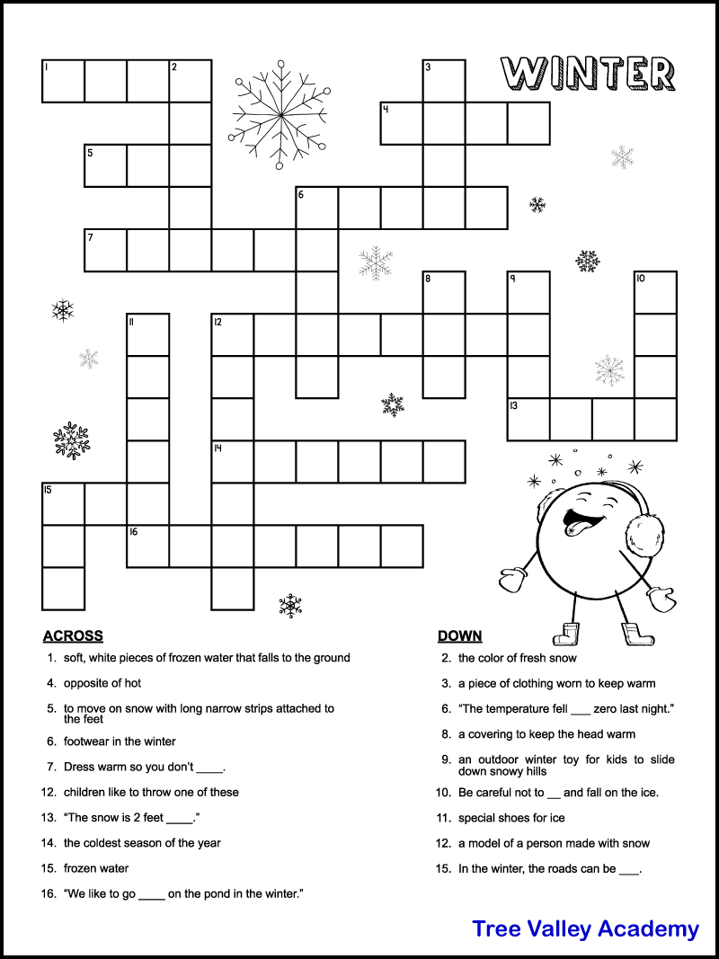 Printable Winter Crossword Puzzles For Kids - Tree Valley Academy in Free Printable Crossword Puzzles For 3Rd Graders
