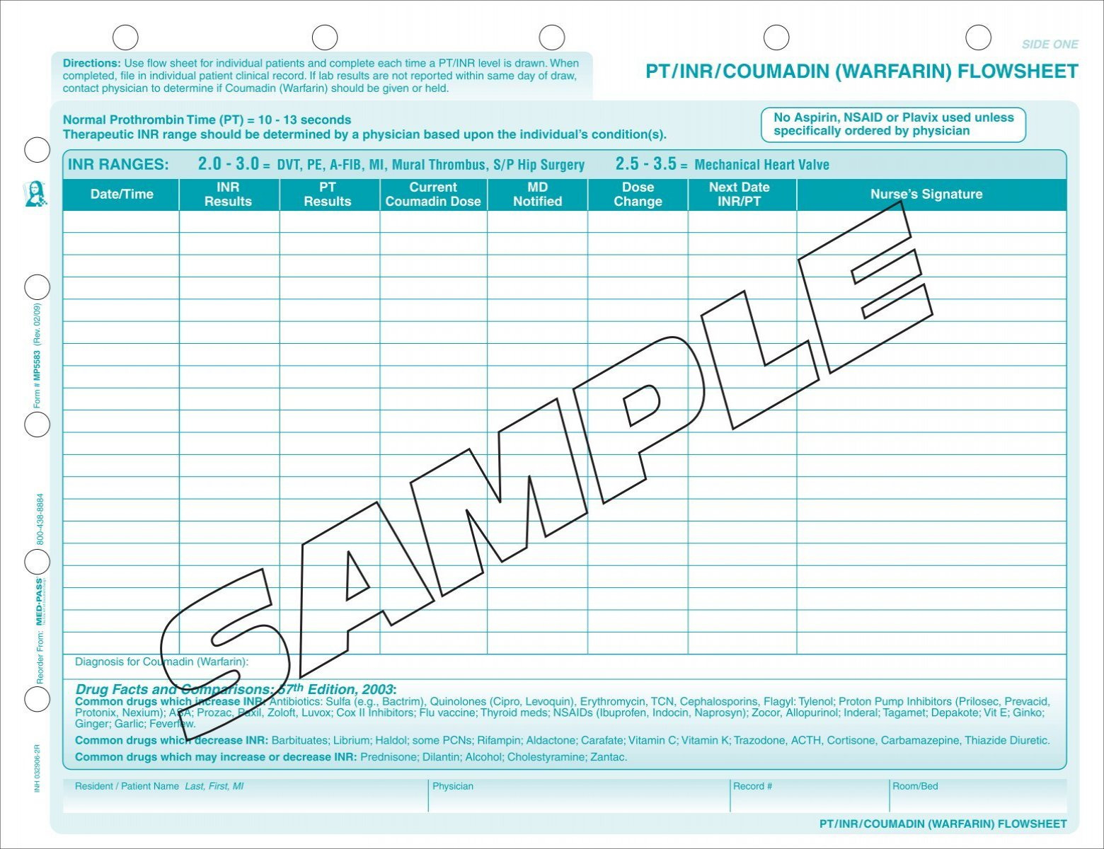 Pt/Inr/Coumadin (Warfarin) Flowsheet inside FREE Printable Coumadin Flow Sheet