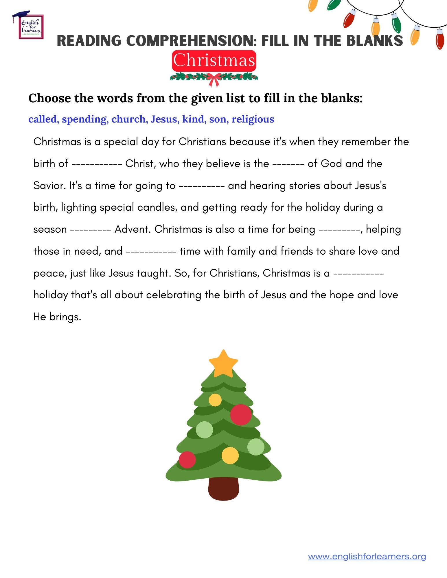 Reading Comprehension Christmas Fill In The Blanks - pertaining to Free Printable Christmas Reading Comprehension Worksheets