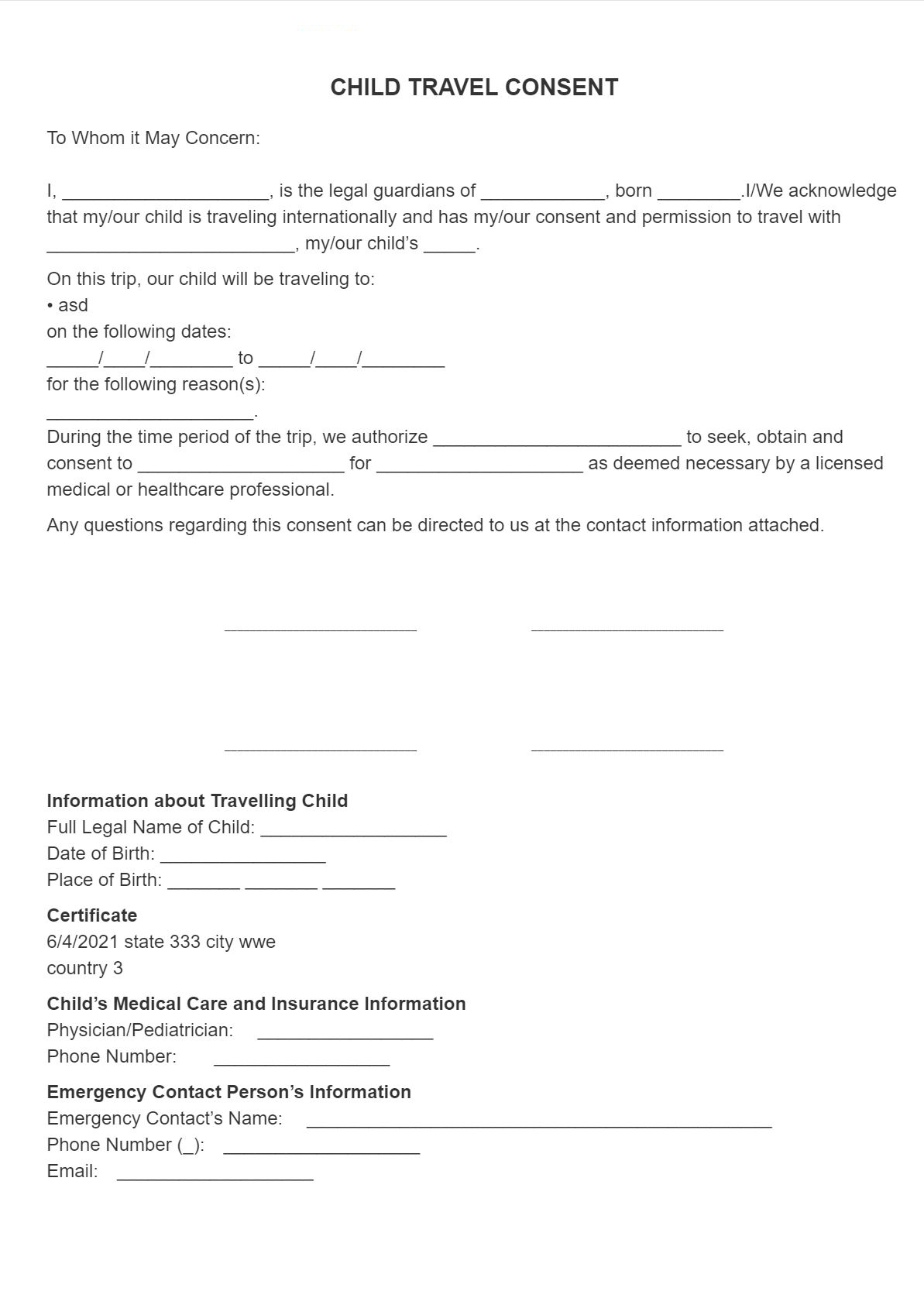 Signsimpli: Child Travel Consent Form with FREE Printable Consent to Travel Form For Minors
