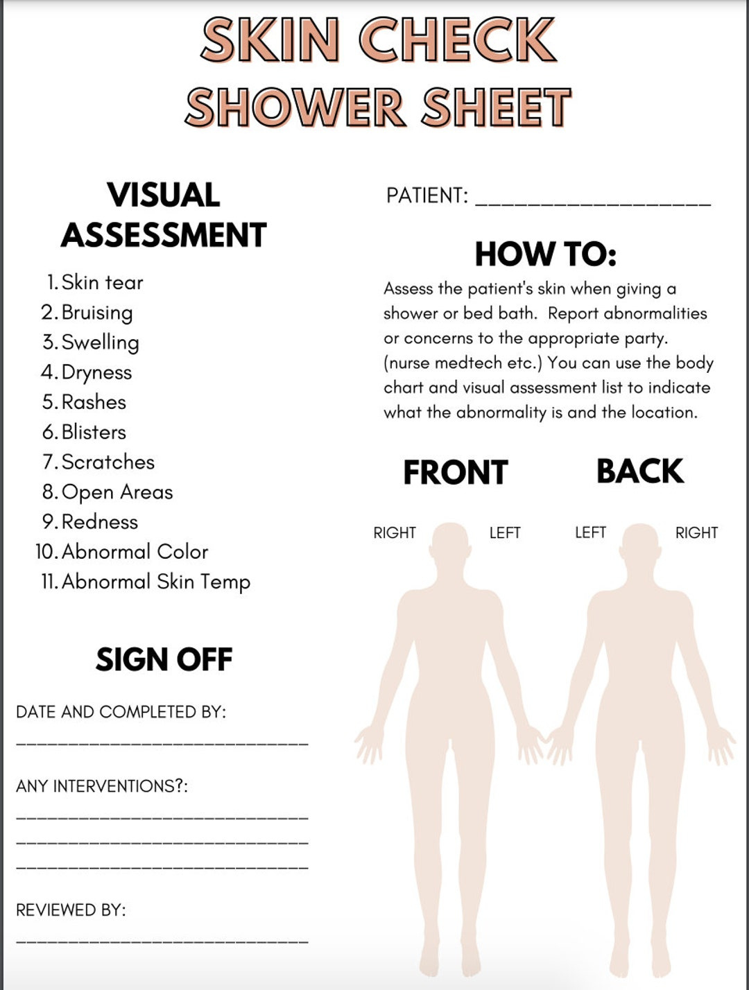 Skin And Shower Assessment Sheet, Great For New Grads, Snf/ Al And intended for Free Printable Cna Shower Sheets