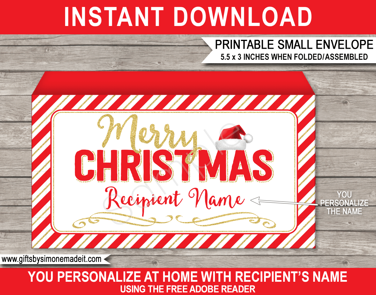 Small Christmas Envelope (Santa Hat) - Red &amp;amp; Gold regarding Free Printable Christmas Envelope Templates