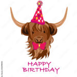 Stock-Vektorgrafik „Cute Cow Scottish Highland Cattle With A Party within FREE Printable Cow Birthday Cards