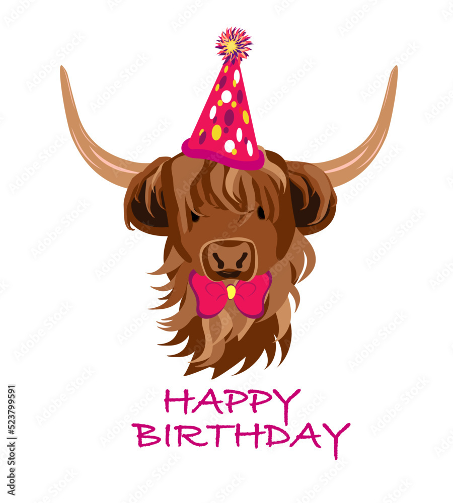 Stock-Vektorgrafik „Cute Cow Scottish Highland Cattle With A Party within FREE Printable Cow Birthday Cards