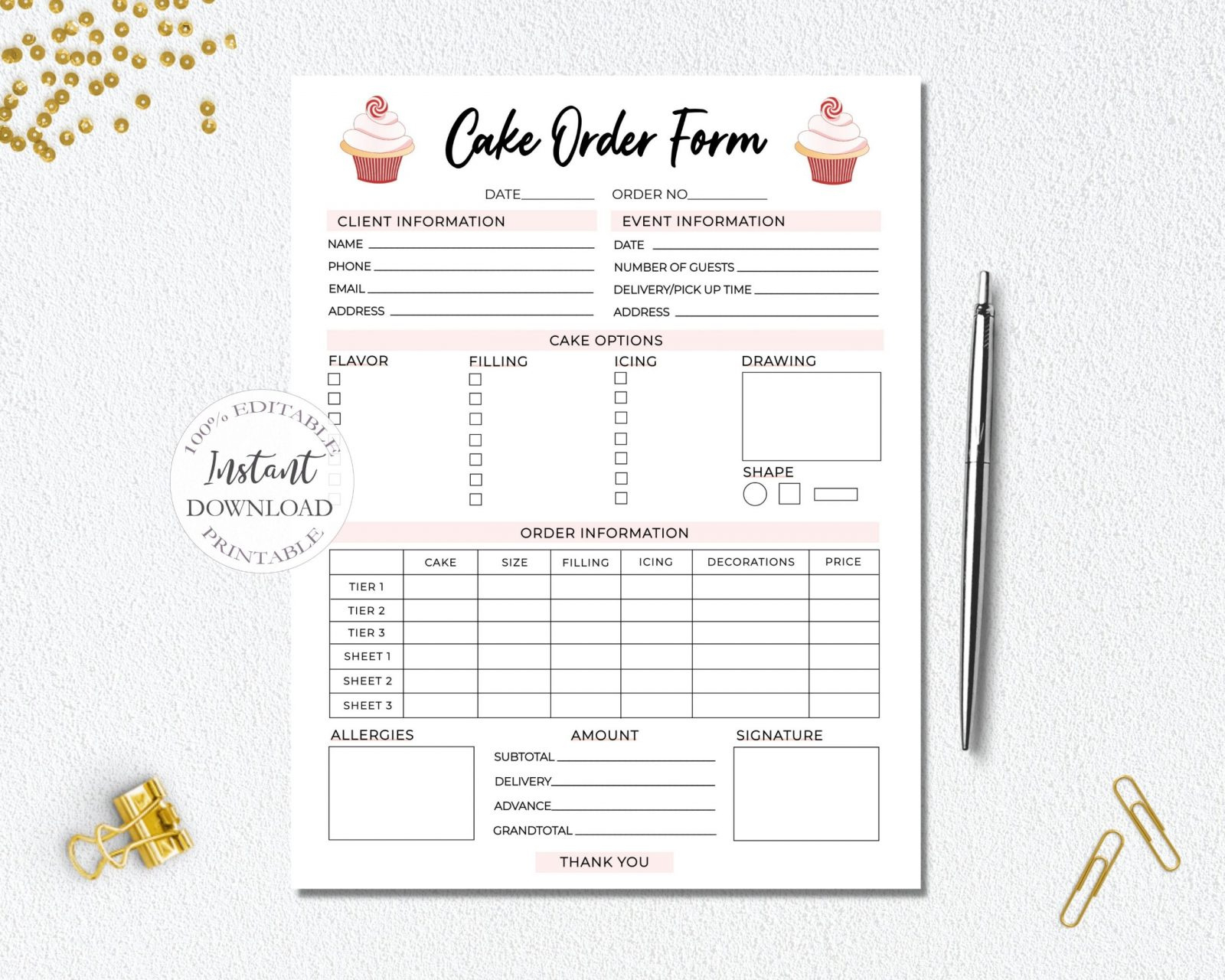 Sunrayart Designs - Custom Order Form Template, Editable Forms intended for Free Printable Cake Order Form Template