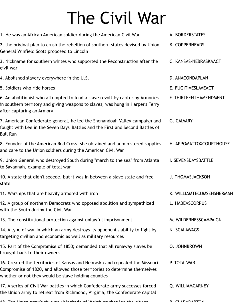 The Civil War Worksheet - Wordmint for Free Printable Civil War Worksheets