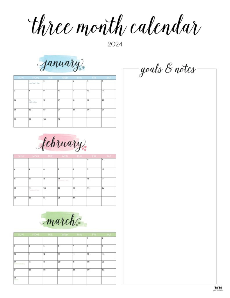 Three Month/Quarterly Calendars - 36 Free Calendars | Printabulls with FREE Printable Calendars 3 Months Per Page