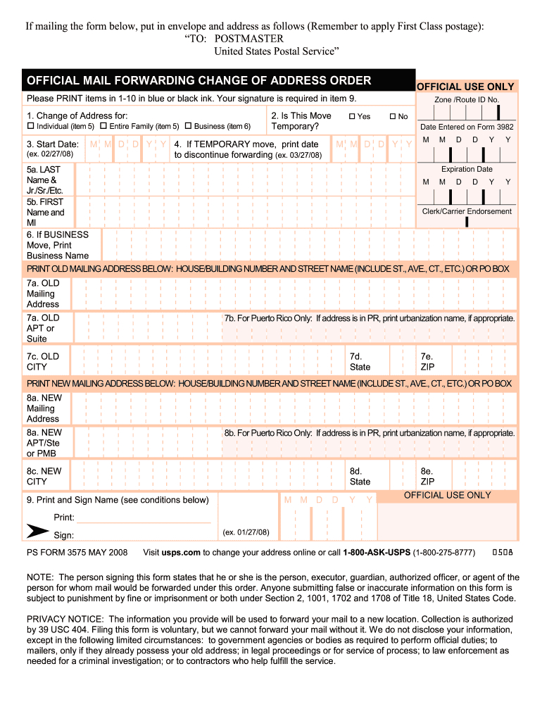Usps Ps 3575 Form - Fill Online, Printable, Fillable, Blank inside Free Printable Change Of Address Form