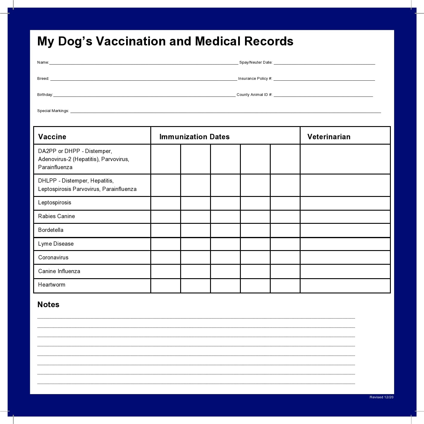 Vaccination Card Puppy Vaccination Record, Dog Health Record, Dog regarding Free Printable Canine Health Record