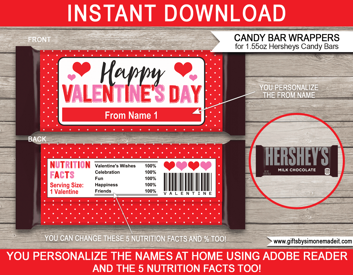 Valentine Candy Bar Wrappers (1.55Oz Hersheys) - Red Polkadot in Free Printable Chocolate Bar Wrapper Template