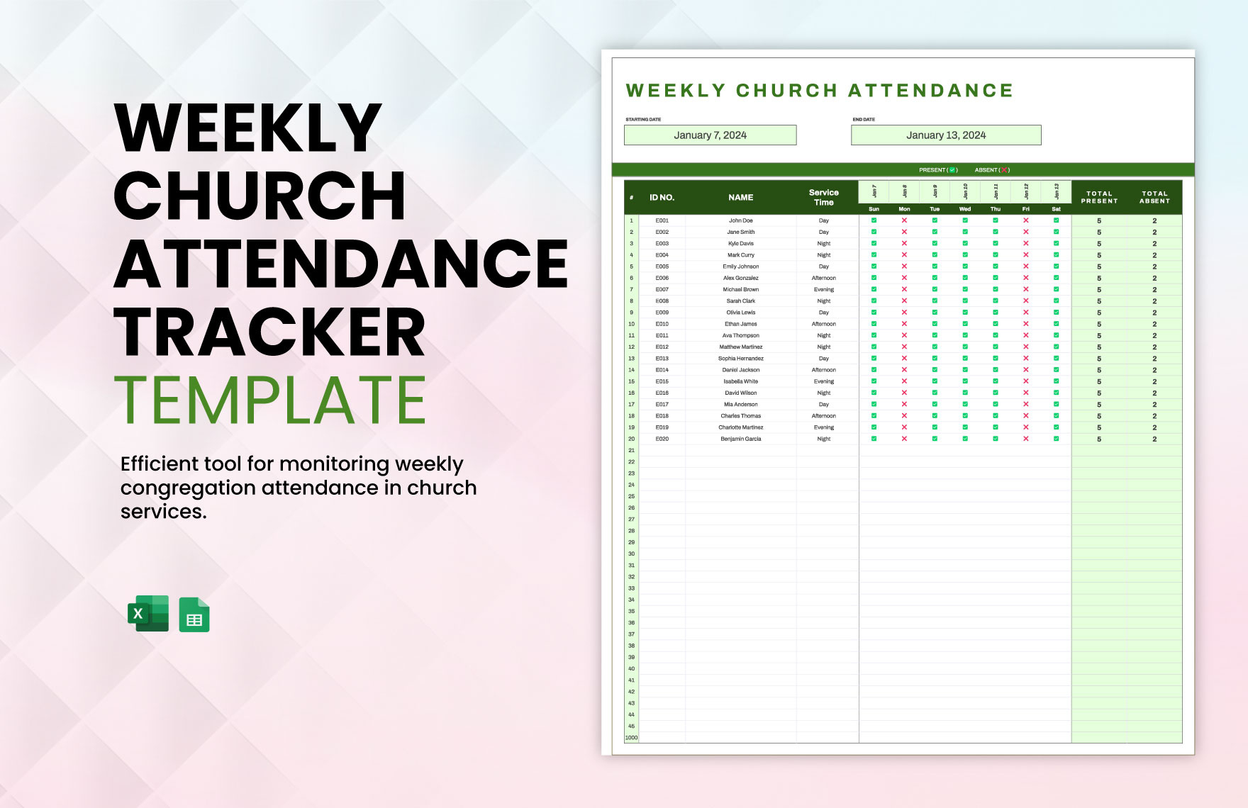 Weekly Church Attendance Tracker Template In Excel, Google Sheets pertaining to Free Printable Church Attendance Sheets