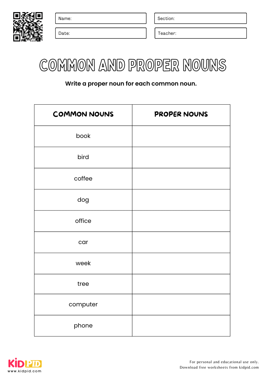 Write A Proper Noun For Each Common Noun - Kidpid with regard to Free Printable Common And Proper Noun Worksheets