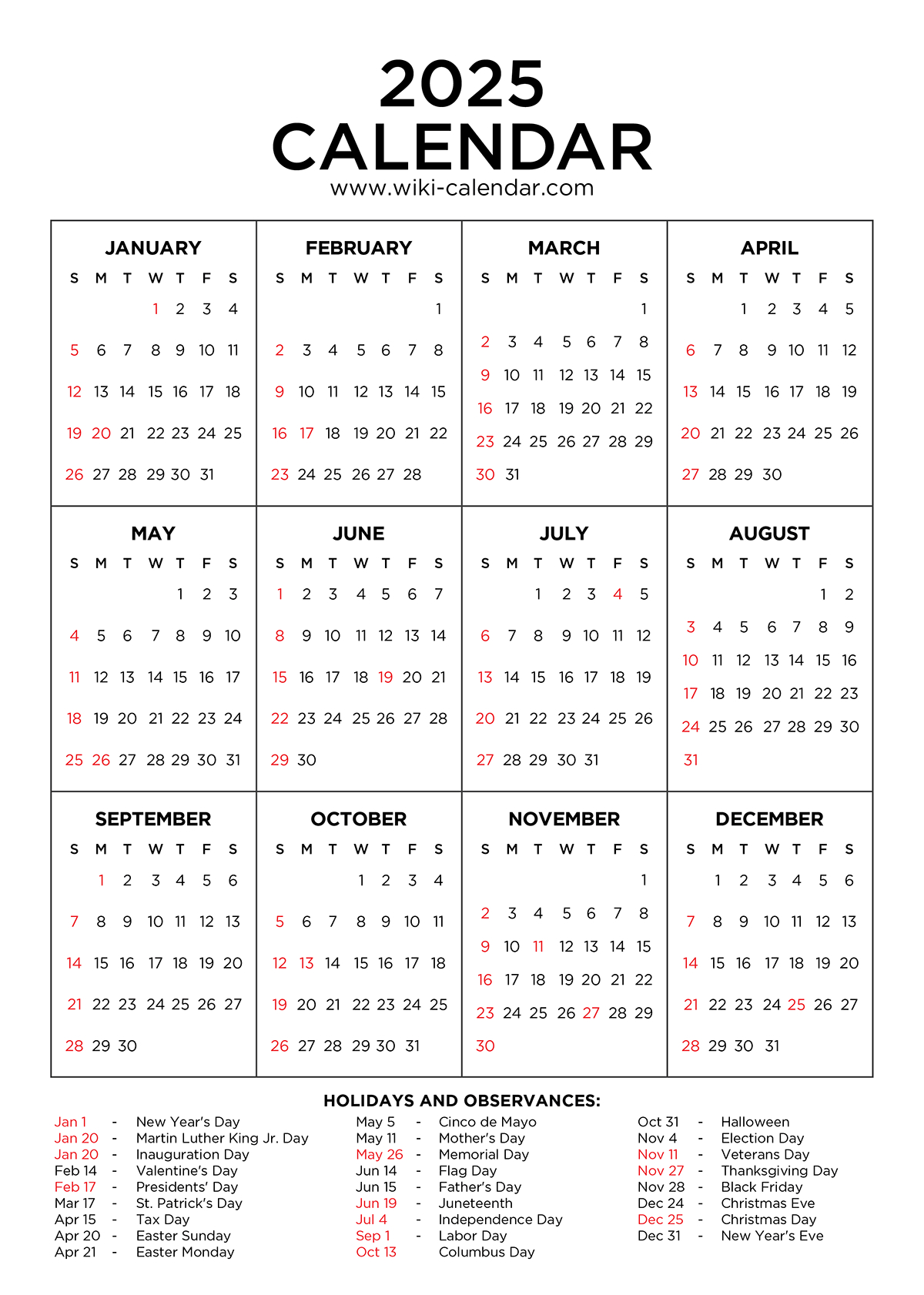 Year 2025 Calendar Printable With Holidays - Wiki Calendar with Free Printable Calendars 2025 With Holidays