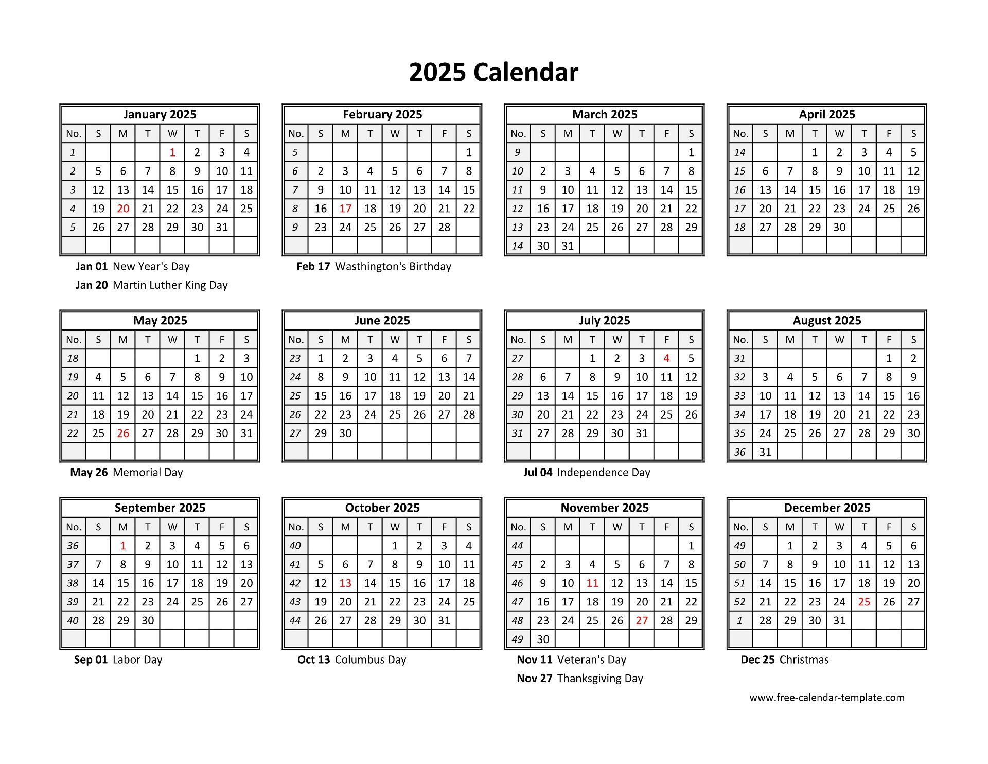 Yearly Calendar 2025 Printable With Federal Holidays | Free in FREE Printable Calendar Template 2025 Word
