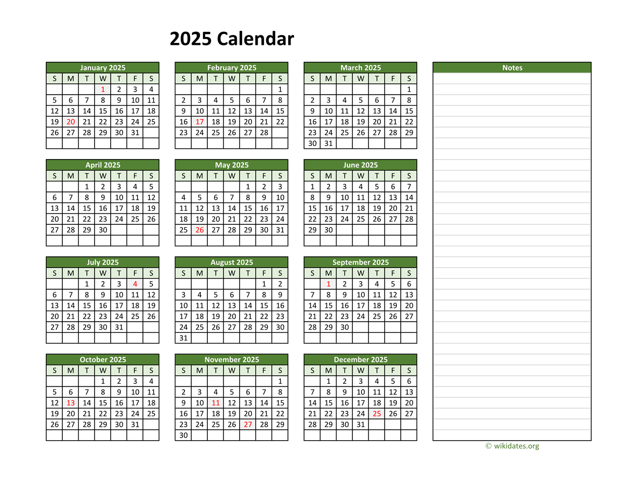Yearly Printable 2025 Calendar With Notes | Wikidates pertaining to FREE Printable Calendar 2025 with Notes