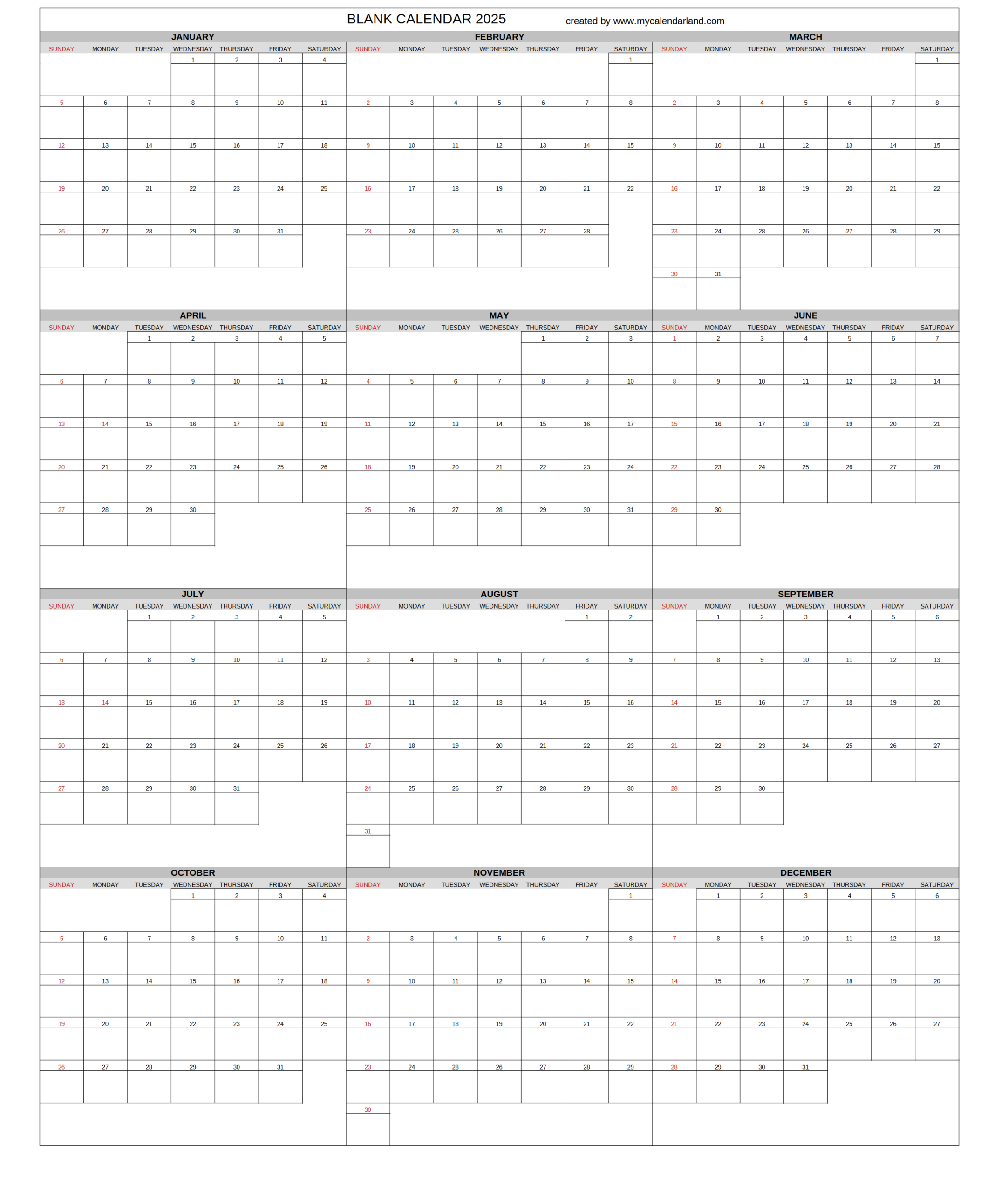 Yearly Printable Calendars For Free – My Calendar Land with FREE Printable Calendar with Large Boxes 2025